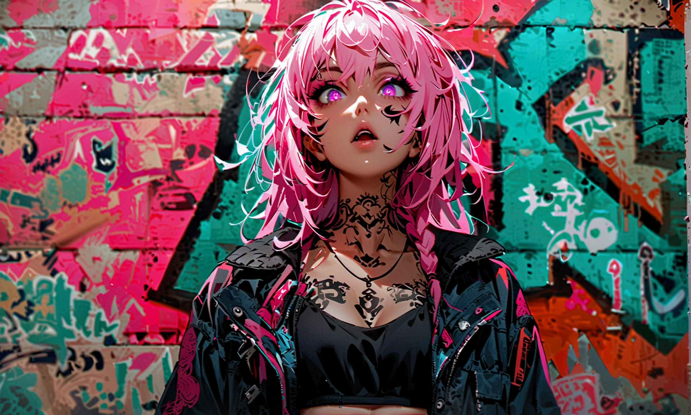 From below、Playing the guitar、Performance、Step Piece, Best Quality, Best Illustration, Ultra-detailed,girl, pinkrose long hair, crazy baddie girl, Cool Black Open Short Jacket, neck tattoo, Messy Fade Cut Hair, Side braided hair,Crazy, standing with an eerie feeling, abandond street graffiti wall background,knee high socks, quirky sneakers, Eyeshadow on the eyes,unusual colored eyes, Eyes of fear, vivid eyes, cool shot
