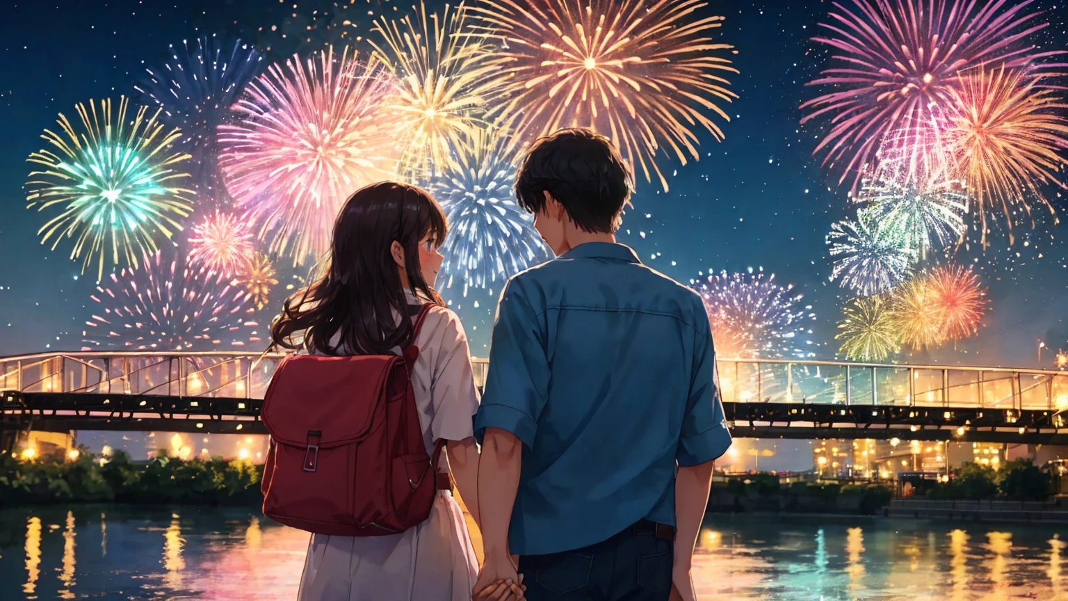 A man and woman are holding hands, blushing and looking at each other with colorful fireworks in the background from the riverbank.2It's a shot。 Men25He is 20 years old, wears a brown jinbei, has short black hair, and is tall and handsome.。 women are17She is 20 years old, has long navy blue hair, is short and cute, and wears a floral yukata.。男性とwomen are男性の方が背が高く身長差があります