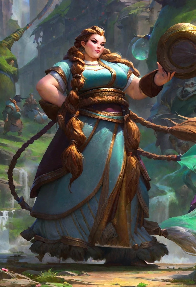 (((masterwork, best quality))), artstation, splash art, full body shot, perfect face, League of Legends, female dwarf with long braided hair