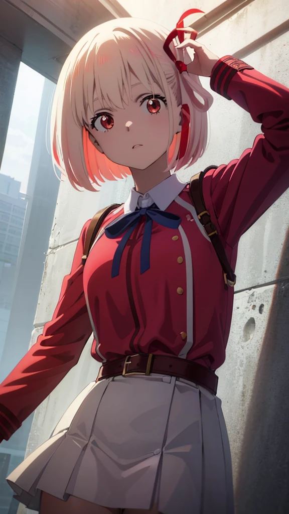chisatonishikigi, nishikigi chisato, short hair, bangs, blonde hair, (red eyes:1.5), hair ribbon, one side up, bob cut,
BREAK shirt, long sleeves, dress, ribbon, white shirt, collared shirt, belt, neck ribbon, red dress, blue ribbon, pleated dress, grey dress, two-tone dress, red belt, lycoris uniform,,
BREAK outdoors, city,
BREAK looking at viewer, BREAK (masterpiece:1.2), best quality, high resolution, unity 8k wallpaper, (illustration:0.8), (beautiful detailed eyes:1.6), extremely detailed face, perfect lighting, extremely detailed CG, (perfect hands, perfect anatomy),