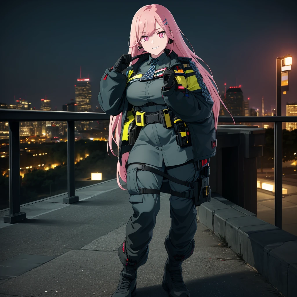 A woman wearing a black military shirt, with military camouflage, long sleeves, cargo pants with military camouflage, green arm band, pink hair, long hair, hot pink eyes, black boots, muscular, large breasts, at a high point of a rock, smiling, standing upright, with a view of the big city, place at night, lighting in place.(solo woman) ,UHD , prime work , accurate , anatomically correct , textured skin , super details , high quality , best quality, 8k, high resolution, bokeh effect.
