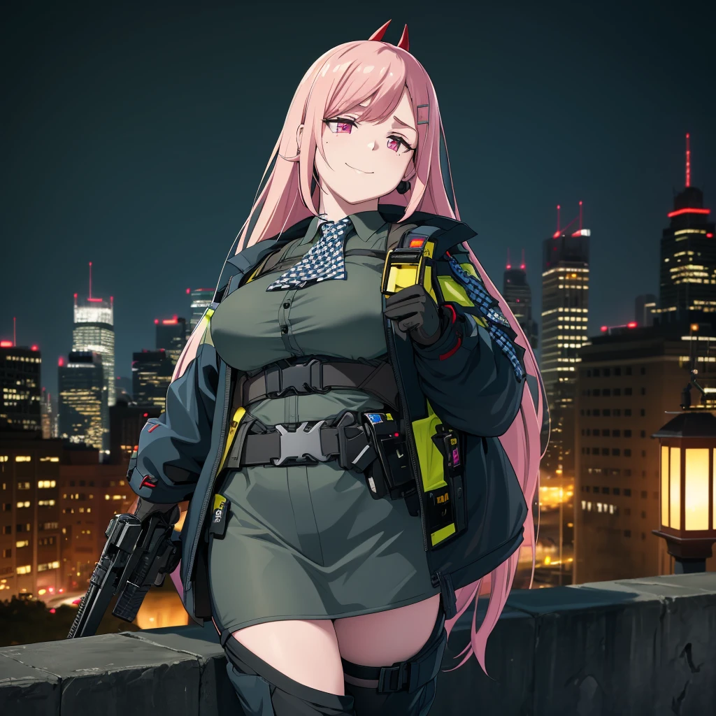 A woman wearing a black military shirt, with military camouflage, long sleeves, cargo pants with military camouflage, green arm band, pink hair, long hair, hot pink eyes, black boots, muscular, large breasts, at a high point of a rock, smiling, standing upright, with a view of the big city, place at night, lighting in place.(solo woman) ,UHD , prime work , accurate , anatomically correct , textured skin , super details , high quality , best quality, 8k, high resolution, bokeh effect.
