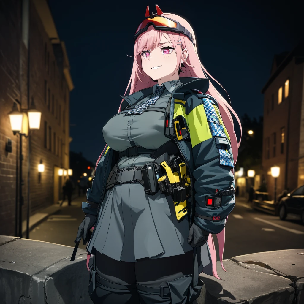 A woman wearing a black military shirt, with military camouflage, long sleeves, cargo pants with military camouflage, green arm band, pink hair, long hair, hot pink eyes, black boots, muscular, large breasts, at a high point of a rock, smiling, standing upright, with a view of the big city, place at night, lighting in place.(solo woman) ,UHD , prime work , accurate , anatomically correct , textured skin , super details , high quality , best quality, 8k, high resolution, bokeh effect.
