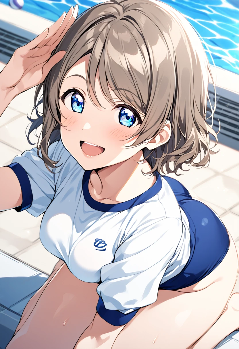 a very nice anime picture of a woman with underwear on and very sexy, watanabe you, buruma, ass, gym uniform, blue eyes, solo, censored, blue buruma, shirt, penis, outdoors, smile, white shirt, poolside, pool, open mouth, gym shirt, looking at viewer, short hair, salute