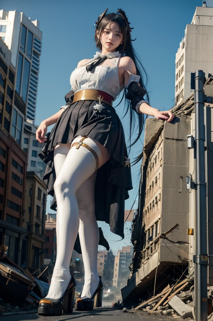 Standing on top of a ruined building、The building collapses、Urban hustle and bustle、Traffic jam、City of Rubble、street tree、((((Azur Lane Cheshire Cosplay))))、Frilled maid outfit、Super huge breasts、Plump thighs、Ground View,City of Giants,500 foot tall giant girl,skyscraper,Has super long legs,Step into the crowd,There are many people on the street,Knee-high socks,She has waist-length black hair,Wear Mary Jane heels,A happy look,Standing on the ruins,Beautiful appearance,Exquisite makeup,quality,8K,高quality,Perfect Proportions, Cinema Lighting,Film Grain,The Colors of Fuji,8K,Textured skin,Super Detail,High detail,high quality,High resolution,explode,False Smile,Show your pants