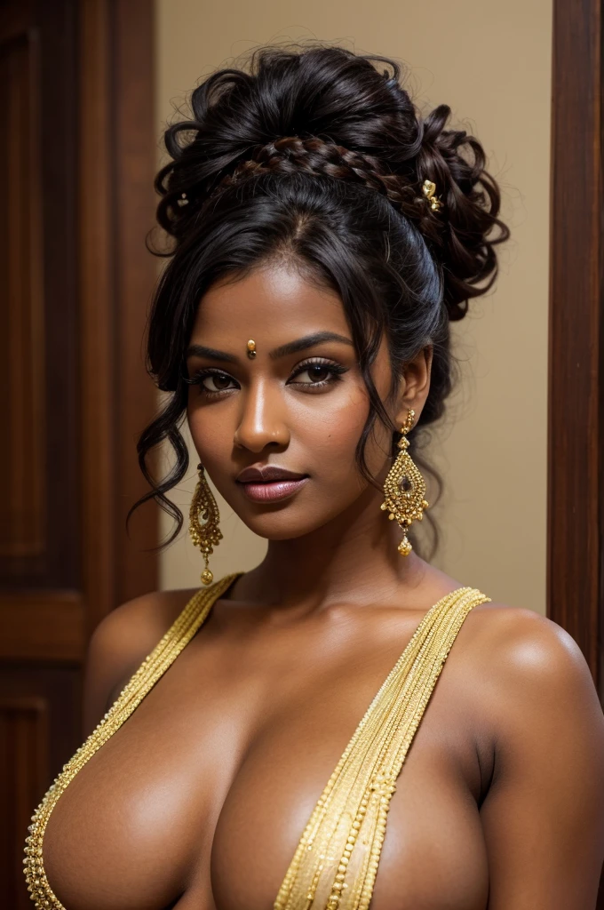 beautiful woman, big tits, dark skin, updo hair, brunette with fur, hindu traits