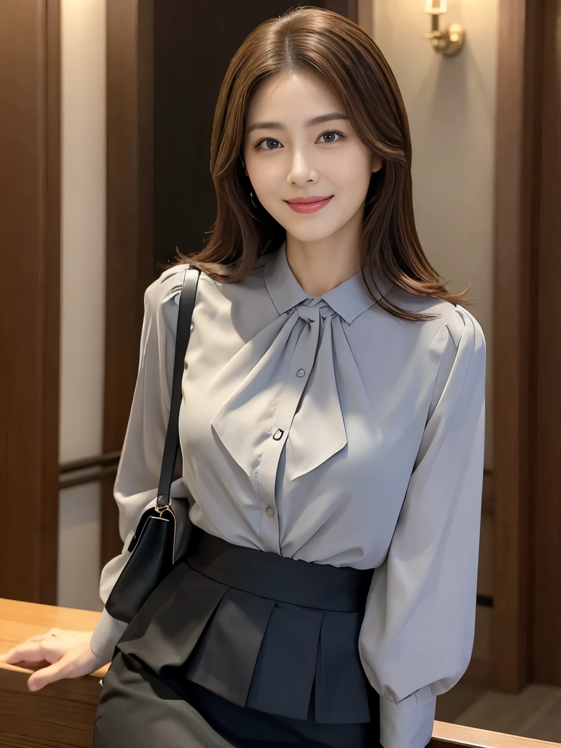 (Raw Photo), (Photorealsitic), (Masterpiece), (Best Quality), High Resolution, 8K, (Intricate Details), (Voluminous Light), Portrait, Female, (50 Years Old), Medium straight Hair, layered hair, brown hair, very fine eyes, source order, very fine eyebrows, very fine skin, very fine mouth, very fine nose, cute like an idol, happy smile, (thick lips), (looking at the viewer), (elegant gray blouse and black skirt), waist shot, (Random body orientation),