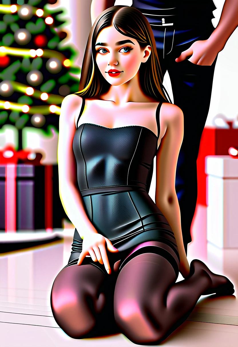 Sexy woman and handsome male ager, Long wavy dark hair with bangs ((looks like 20yr old sexy model Bettie Paige)), bangs hair, female is with a much younger (teenndsome male wearing teenagere clothing, babe with fitted short black a-line flare dress, black holiday dress, black ultra sheer high gloss pantyhose, sitting on floor with her legs open wide, couple sits by a Christmas tree, legs are open exposing her seamless pantyhose crotch, male caresses her ((he pulls up her sexy dress to see her pantyhose and tiny black panties))), he wants to fuck her under the Christmas tree, he fondles her touching her pantyhose crotch, he lifts her dress, she wears no shoes exposing her cute pantyhose feet, sexy sheer to waist pantyhose, (((she opens her legs wide like a slut))), UHD
