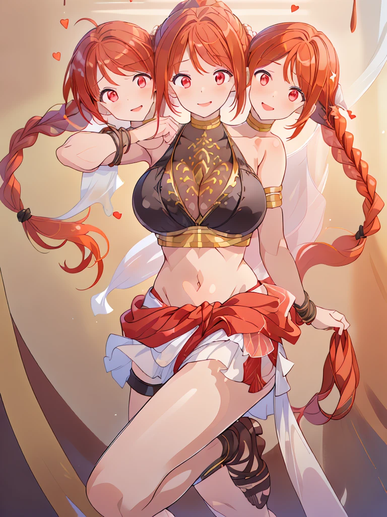 (masterpiece, best quality), best resolution, (3heads:1.5), 1girl, red hair, braided ponytail, smiling, soft smile, open belly, black crop top, white miniskirt, open breasts, huge tits, beautiful eyes, red eyes, alluring presence, beautiful eyes, detailed eyes, revealing dancer attire, belly dancer,