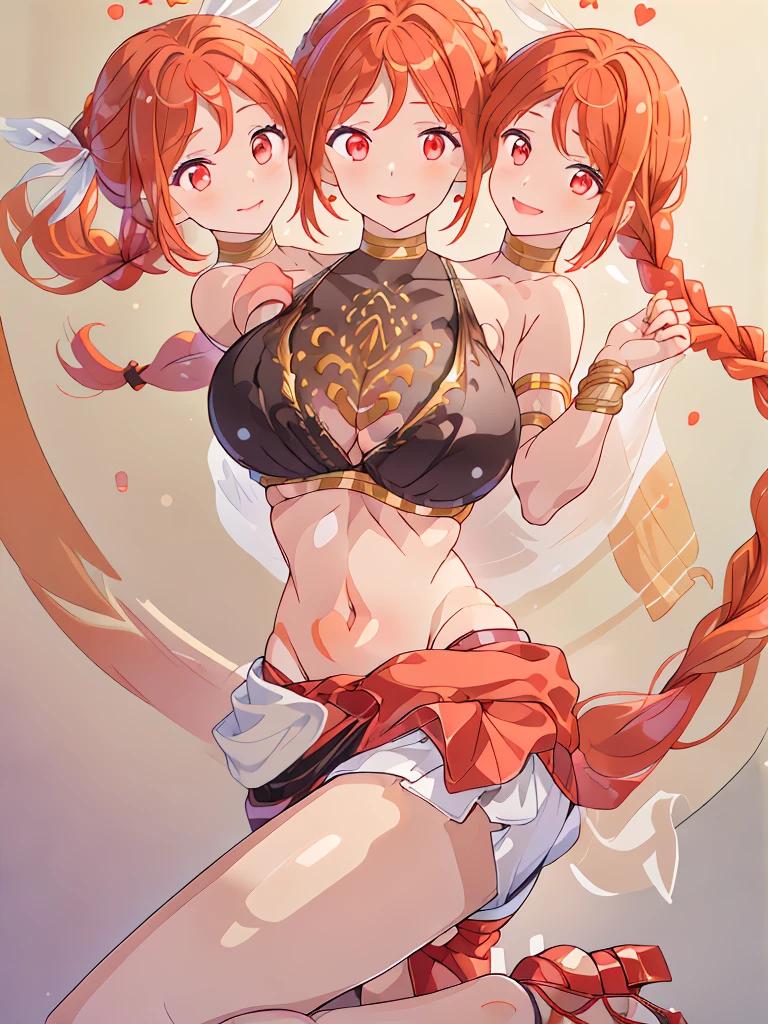 (masterpiece, best quality), best resolution, (3heads:1.5), 1girl, red hair, braided ponytail, smiling, soft smile, open belly, black crop top, white miniskirt, open breasts, huge tits, beautiful eyes, red eyes, alluring presence, beautiful eyes, detailed eyes, revealing dancer attire, belly dancer,
