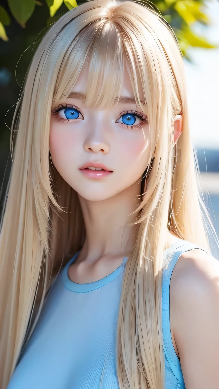 Very beautiful face、A beautiful girl、Super Long Hair、windy silky blonde super long hair、Swinging bangs、Cute sexy 16 year old blonde girl with light blue eyes、Hair above the eyes、片Hair above the eyes、Hair between the eyes、Big bright light blue eyes that shine so beautifully、eyeliner、Bright expression、