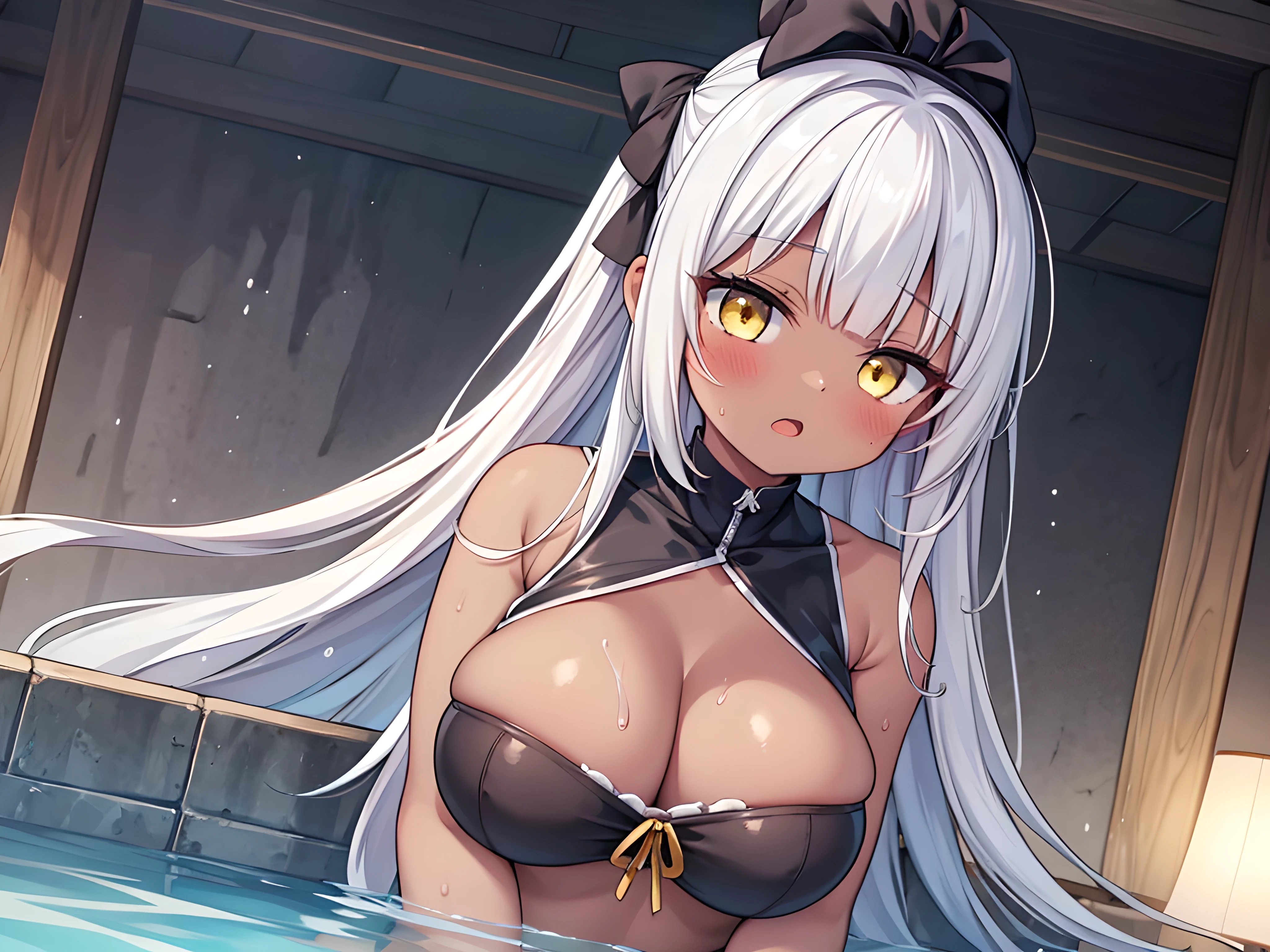 s(score_9,score_8_up,score_7_up,score_6_up),masterpiece,best quality, source anime,
1girl, soaking, leaning side, arm support, cowboy shot,dark-skinned nipples,
BREAK girl,(huge breasts:0.8), slender, dark-skinned female, silver hair, blunt bangs, long hair, straight hair, hime cut,yellow eyes, (tsurime:1.2),(lips:0.9),
updo,relaxing, half-closed eyes, heavy breathing, wet, blush, open mouth,sleepy,
BREAK towel on head,