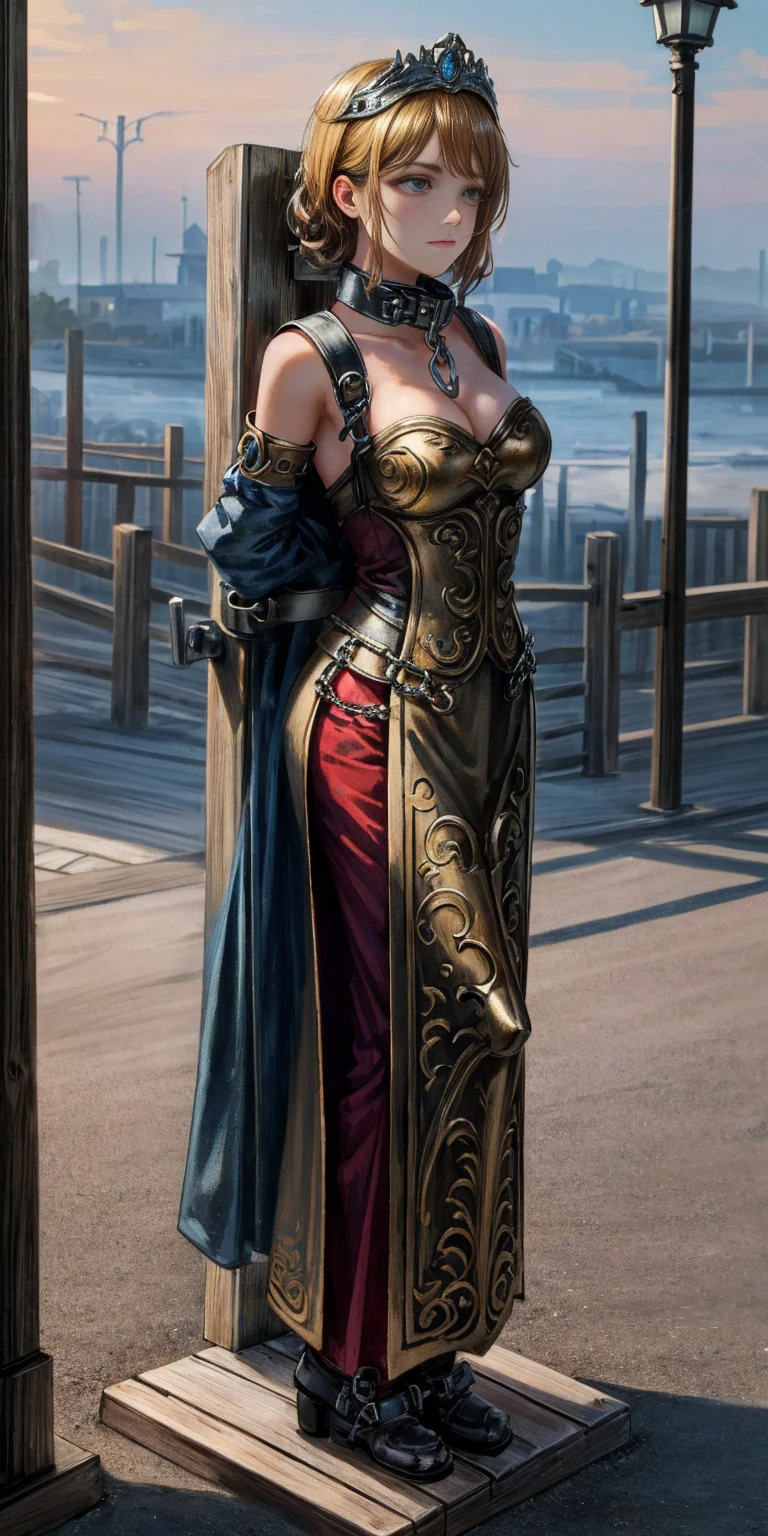 (Masterpiece, best quality, intricate details, 1sologirl) iron collar, arms behind back, iron cuffs, shackles, bound ((standing by wooden pole เปลือยอก:1.2)) looking from above happy closed mouth ((Cassia Orsellio))