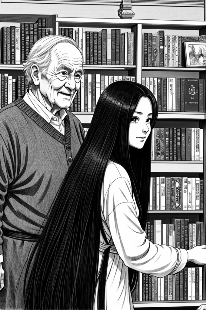 an anime girl,who has long black hair,Oval face,greeting an old man with a hunched back, who holds an amulet in his hands,background of a bookstore,black and white manga type drawing.