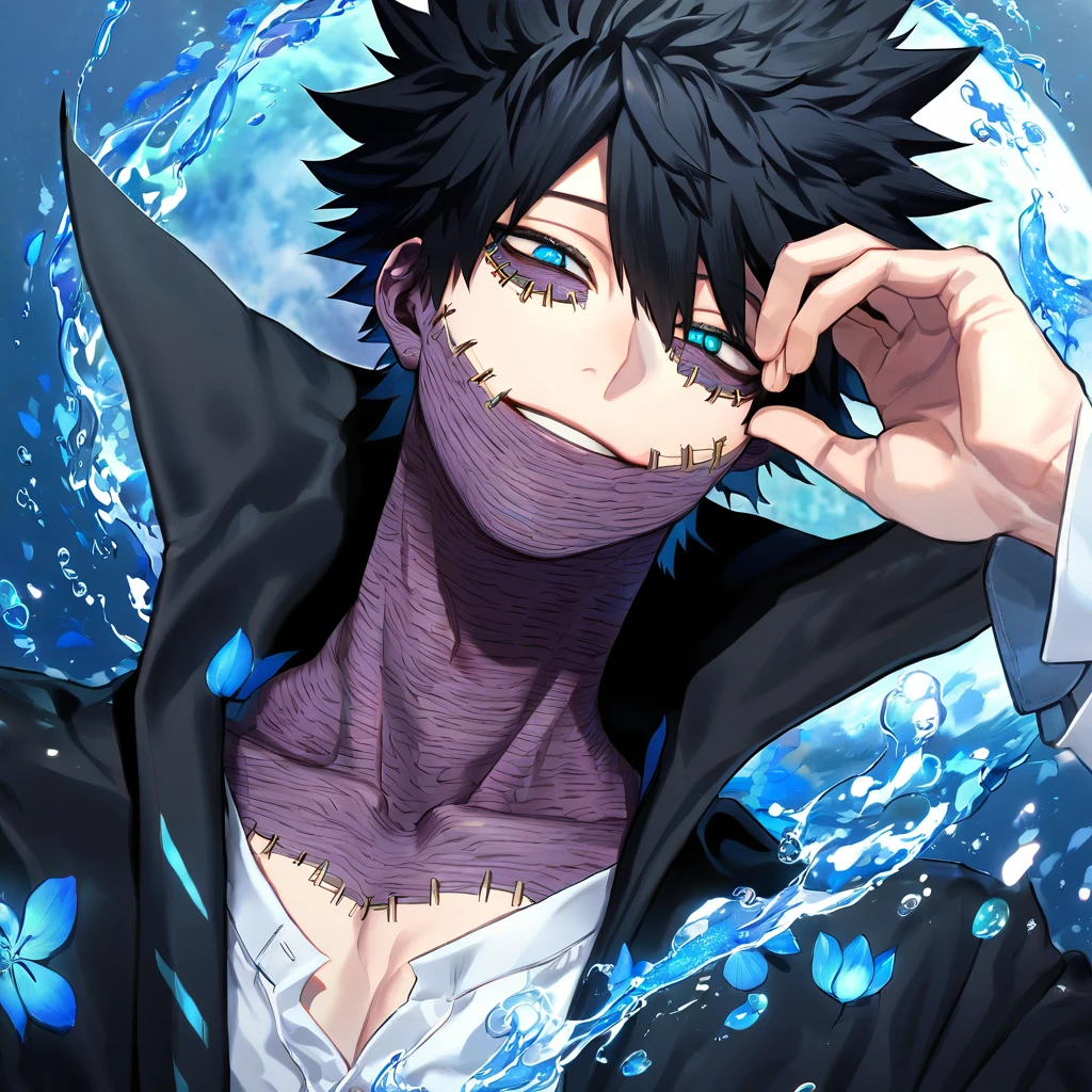 absurdres, highres, ultra detailed, HDR, master piece, Dabi, black hair, expressive turquoise eyes, Boku No Hero Academia, sexy man, solo, handsome, best quality, delicate features, blue moon, blue flowers, fantasy, magical, water, blue shining fireflies, blue petals, black coat with a high collar, white shirt, handsome smile, extremely detailed face, blue flames