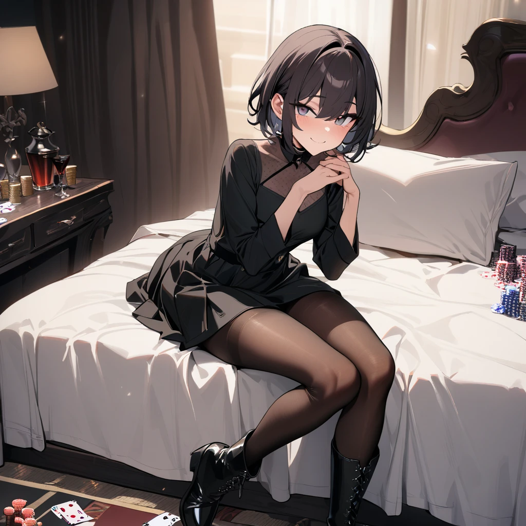 1boy, dark hair, short hair, poker face, pantyhose, dress, smile, boots, looking at viewer, sitting, bed, masterpiece, best quality, highres, nice hands, perfect hands, shota, 