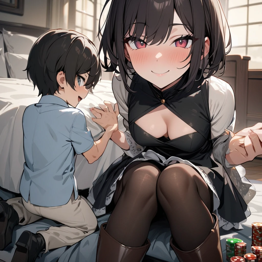 1boy, dark hair, short hair, poker face, pantyhose, dress, smile, boots, looking at viewer, sitting, bed, masterpiece, best quality, highres, nice hands, perfect hands, shota,