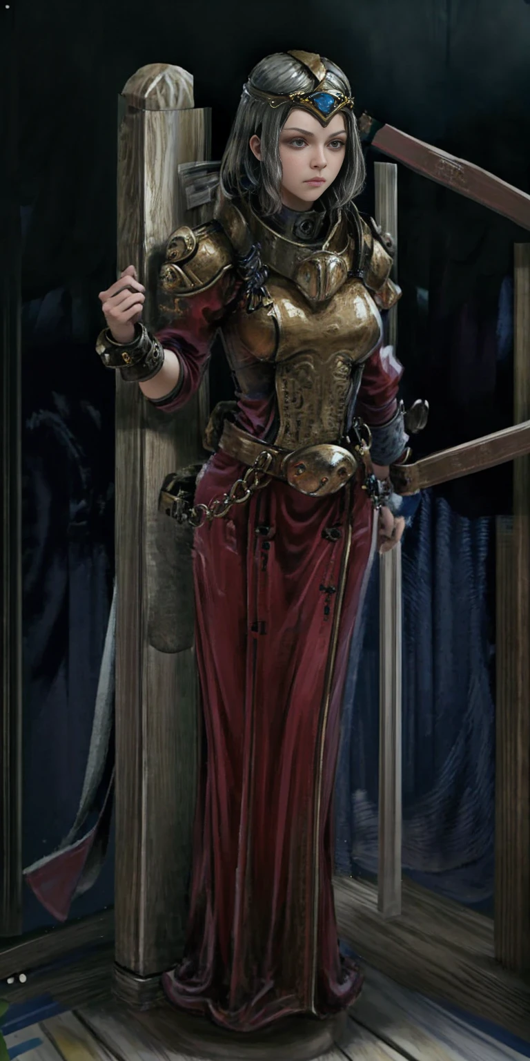 (Masterpiece, best quality, intricate details, 1sologirl) iron collar, arms behind back, iron cuffs, shackles, bound ((standing by wooden pole:1.2)) looking from above happy closed mouth ((Cassia Orsellio))
