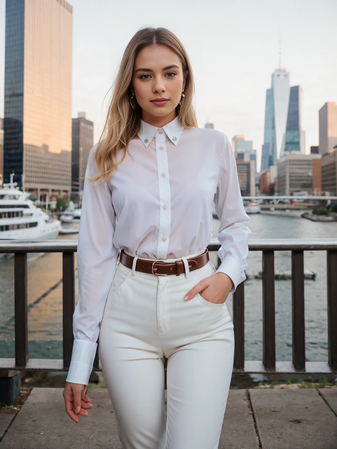 beautiful photograph of a smart looking 1girl, solo, wearing a crisp, white collared shirt, fine fabric emphasis, perfectly defined button detailing, black high-waisted pants with a belt, diamond stud earrings, long sleek blonde hair, brown eyes, freckles, warm and sensual smile, slender figure, standing against a city skyline at midnight, cowboy shot, full body shot, photographed on a Fujifilm XT3, 80mm F/1.7 prime lens, cinematic film still, cinestill 500T, highly detailed, masterpiece, highest quality, intricately detailed, HDR, 8k, uhd, photorealistic