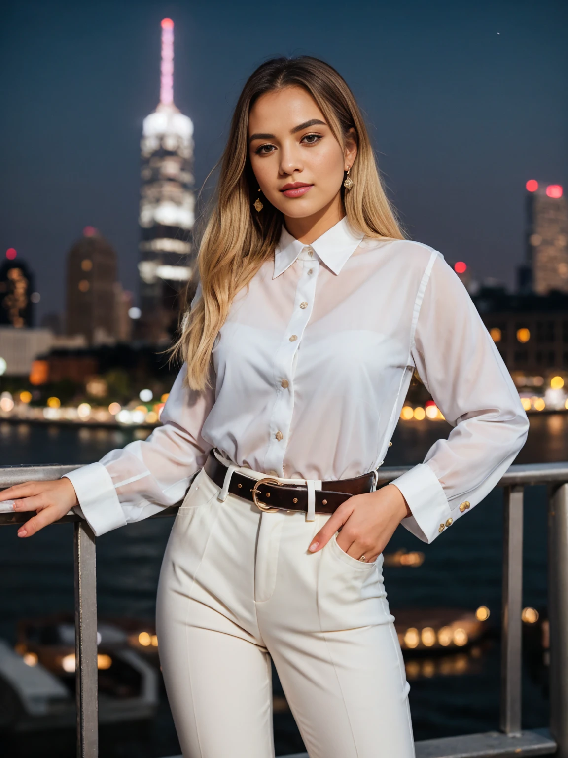 beautiful photograph of a smart looking 1girl, solo, wearing a crisp, white collared shirt, fine fabric emphasis, perfectly defined button detailing, black high-waisted pants with a belt, diamond stud earrings, long sleek blonde hair, brown eyes, freckles, warm and sensual smile, slender figure, standing against a city skyline at midnight, cowboy shot, full body shot, photographed on a Fujifilm XT3, 80mm F/1.7 prime lens, cinematic film still, cinestill 500T, highly detailed, masterpiece, highest quality, intricately detailed, HDR, 8k, uhd, photorealistic