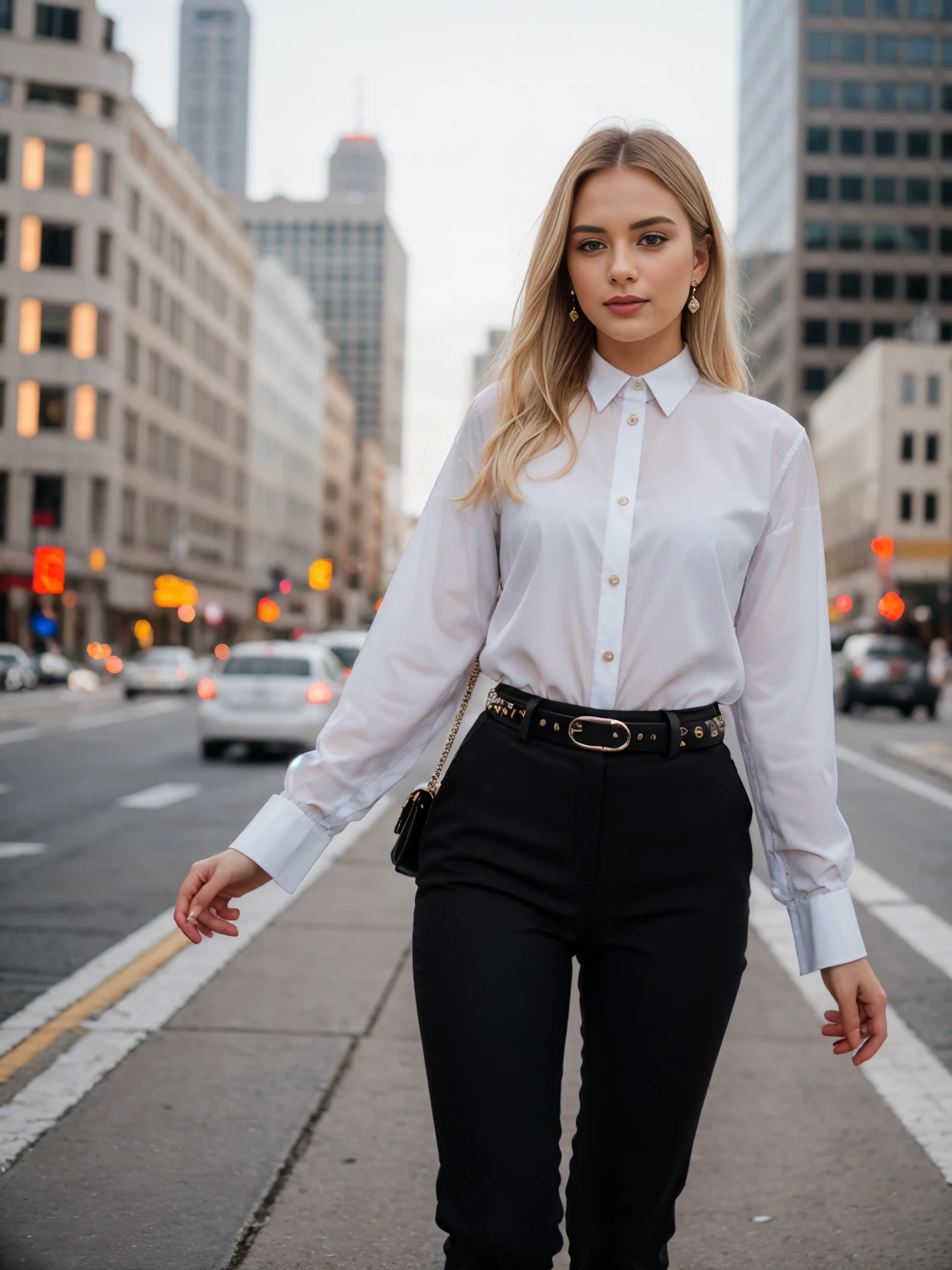 beautiful photograph of a smart looking 1girl, solo, wearing a crisp, white collared shirt, fine fabric emphasis, perfectly defined button detailing, black high-waisted pants with a belt, diamond stud earrings, long sleek blonde hair, brown eyes, freckles, warm and sensual smile, slender figure, standing against a city skyline at midnight, cowboy shot, full body shot, photographed on a Fujifilm XT3, 80mm F/1.7 prime lens, cinematic film still, cinestill 500T, highly detailed, masterpiece, highest quality, intricately detailed, HDR, 8k, uhd, photorealistic