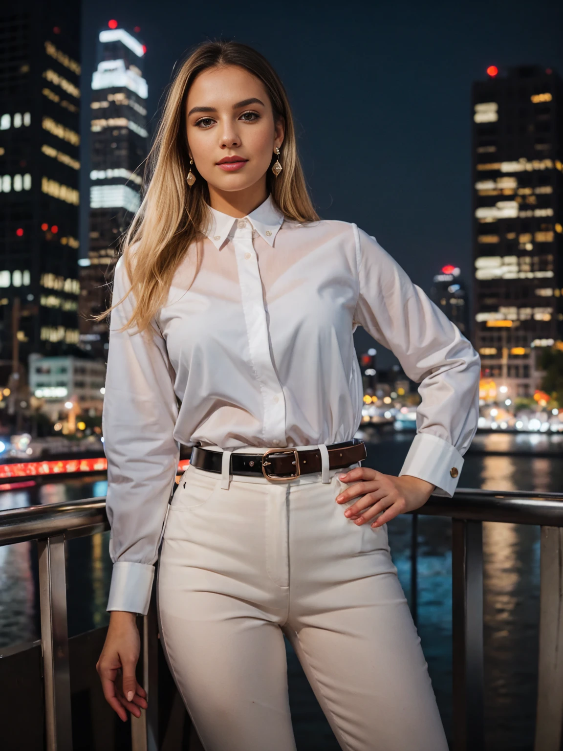 beautiful photograph of a smart looking 1girl, solo, wearing a crisp, white collared shirt, fine fabric emphasis, perfectly defined button detailing, black high-waisted pants with a belt, diamond stud earrings, long sleek blonde hair, brown eyes, freckles, warm and sensual smile, slender figure, standing against a city skyline at midnight, cowboy shot, full body shot, photographed on a Fujifilm XT3, 80mm F/1.7 prime lens, cinematic film still, cinestill 500T, highly detailed, masterpiece, highest quality, intricately detailed, HDR, 8k, uhd, photorealistic