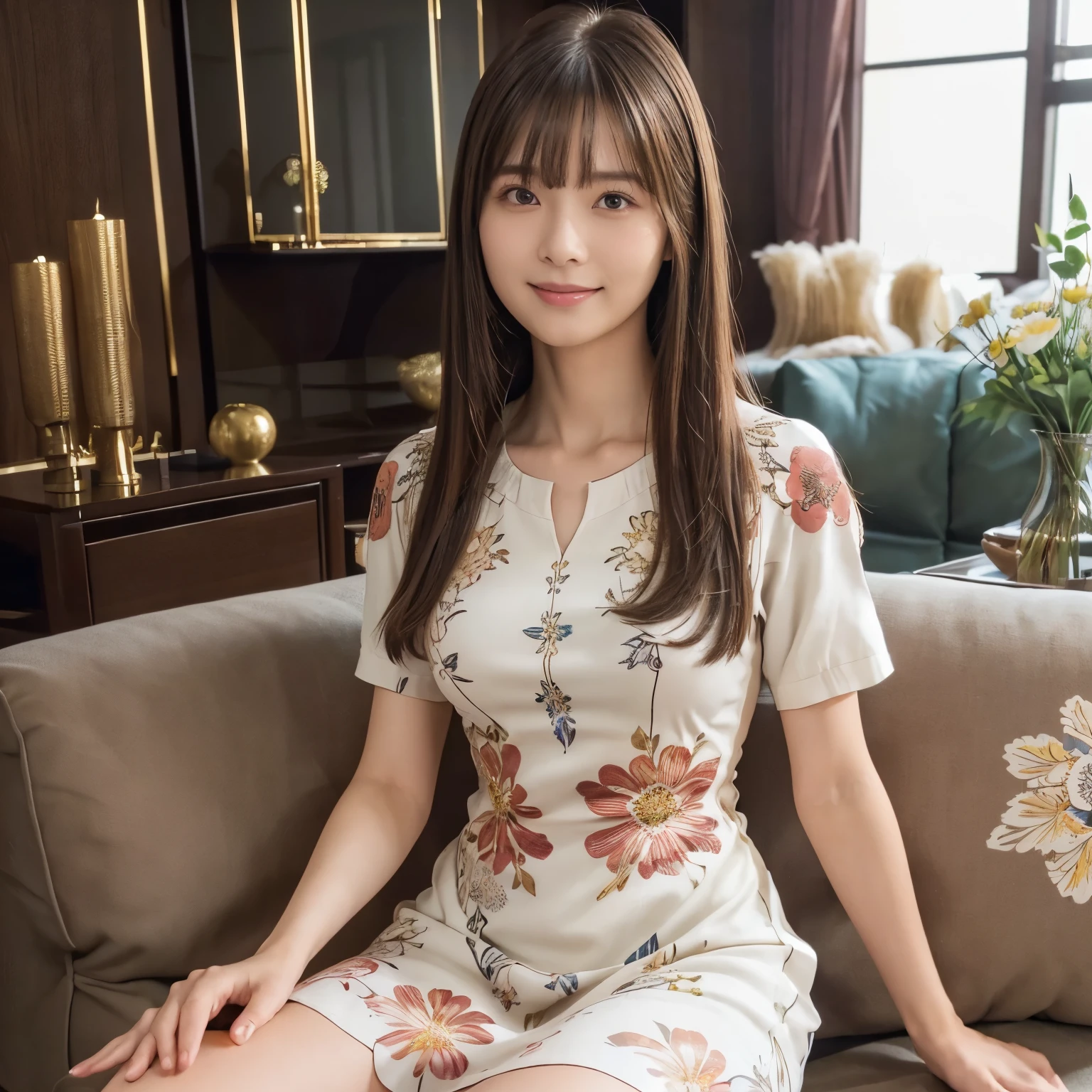 (Full Body Shot:1.3), (panorama:1.8), Cinema Lighting, ((Highest quality)), (RAW Photos, Highest quality), ( Realistic:1.4), realism, masterpiece, Very delicate and beautiful, Very detailed, 4k wallpaper, wonderful, finely, Very detailed CG unity 8k wallpaper, Very detailed, High resolution, Soft Light, Japanese, (one shot:1.9), (24-years-old:1.6), (Round face:1.2), (Fat:0.8), Beautiful detailed woman,Famous Japanese actresses, Detailed face, finelyて美しい目, Very detailedな目と顔, Beautiful eyes and a beautifully detailed nose, Ultra HD glossy lips, (Straight Hair:1.4), Shiny Hair, Shiny Hair, Brown Hair, (bangs:1.4), Long, slender legs, Toned body, (Smiling:1.2), Natural Makeup, (LET IT PASS, Floral, Short sleeve dress:1.8), (A very intricate and elaborately decorated dress:1.3), Accentuate your body lines, (living room, Model pose:1.7),
