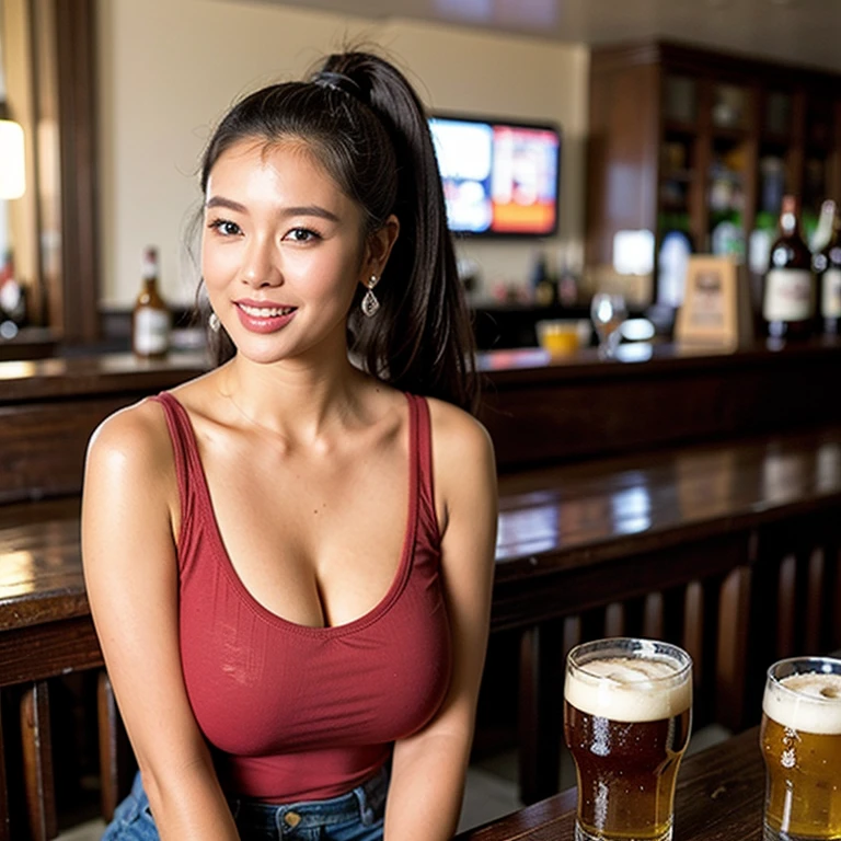 (Far-reaching:1.5),(super High Ponytail),forehead,realistic,sfw,beautiful thai woman,smile, tank top,huge breast:1.3,London pub,beer,fish and chips,(slim waist),beautiful skin,