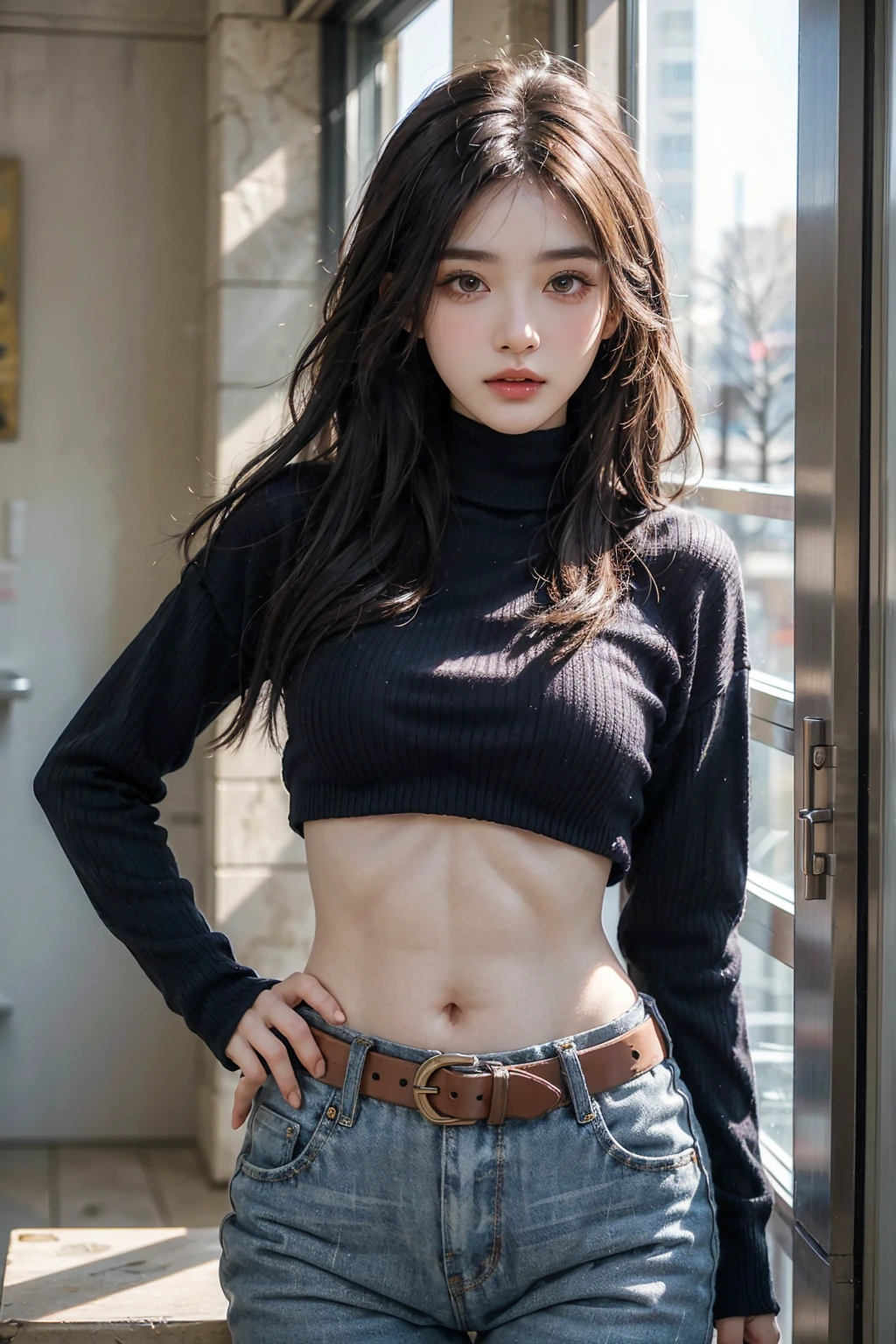 girl in winter scene, Cropped Turtleneck Sweater,Sexy abs,Low-rise pants, Metal belt,Cowboy shooting, The abdomen is completely exposed, Detailed facial features, beautiful eyes, Lips, and long eyelashes, Reality, 8K, Very detailed, Work室灯光, Dramatic Lighting, Vibrant colors, Work, Cold winter atmosphere