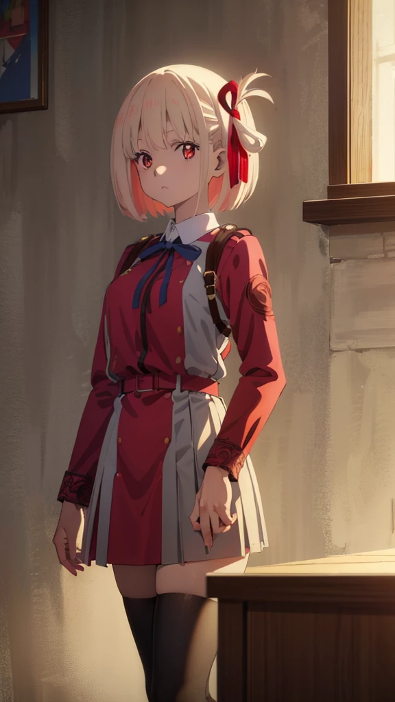 chisatonishikigi, nishikigi chisato, short hair, bangs, blonde hair, (red eyes:1.5), hair ribbon, one side up, bob cut, BREAK shirt, long sleeves, dress, ribbon, white shirt, collared shirt, belt, neck ribbon, red dress, blue ribbon, pleated dress, grey dress, two-tone dress, red belt, lycoris uniform,, BREAK outdoors, city, BREAK looking at viewer, BREAK (masterpiece:1.2), best quality, high resolution, unity 8k wallpaper, (illustration:0.8), (beautiful detailed eyes:1.6), extremely detailed face, perfect lighting, extremely detailed CG, (perfect hands, perfect anatomy),