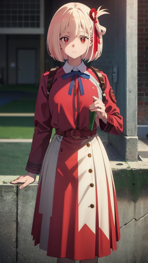 chisatonishikigi, nishikigi chisato, short hair, bangs, blonde hair, (red eyes:1.5), hair ribbon, one side up, bob cut, BREAK shirt, long sleeves, dress, ribbon, white shirt, collared shirt, belt, neck ribbon, red dress, blue ribbon, pleated dress, grey dress, two-tone dress, red belt, lycoris uniform,, BREAK outdoors, city, BREAK looking at viewer, BREAK (masterpiece:1.2), best quality, high resolution, unity 8k wallpaper, (illustration:0.8), (beautiful detailed eyes:1.6), extremely detailed face, perfect lighting, extremely detailed CG, (perfect hands, perfect anatomy),