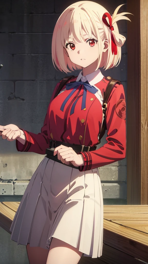 chisatonishikigi, nishikigi chisato, short hair, bangs, blonde hair, (red eyes:1.5), hair ribbon, one side up, bob cut, BREAK shirt, long sleeves, dress, ribbon, white shirt, collared shirt, belt, neck ribbon, red dress, blue ribbon, pleated dress, grey dress, two-tone dress, red belt, lycoris uniform,, BREAK outdoors, city, BREAK looking at viewer, BREAK (masterpiece:1.2), best quality, high resolution, unity 8k wallpaper, (illustration:0.8), (beautiful detailed eyes:1.6), extremely detailed face, perfect lighting, extremely detailed CG, (perfect hands, perfect anatomy),