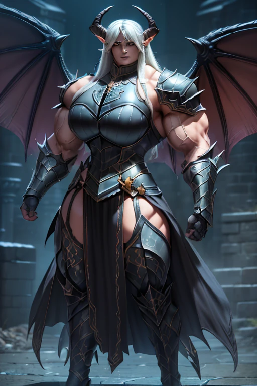 (((Massive beautiful, buff, light brown skinned muscular dark paladin woman with white hair, giant demon wings, black lipstick, ginormous bulky muscles and wearing full black demonic paladin knight armored with a long tiered skirt))), (close view), large breast, massive muscles, massive biceps, hyper muscle shoulders, (giant demon wings), hyper muscle triceps, (long straight hair), blue eyes, (demon Paladin boots), (demon armor), breastplate, (demonic gauntlets), (Shoulder armor), closed smile, (in a hellish castle), (Dark and moody universe:1.3), snowfall, Vascular arms, hyper muscles arms, hyper muscle legs, massive buff arms.