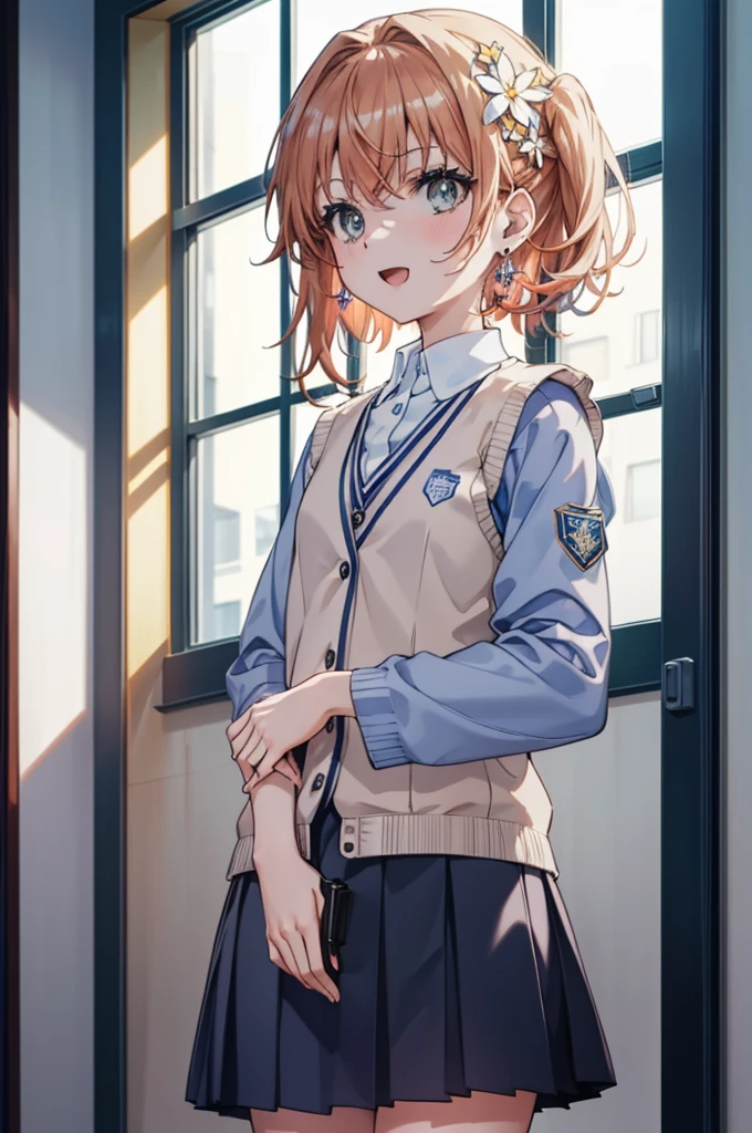 superior_Mikoto, 1 person, solo,
(Awareness-raising:1.1)、(Best image quality)、(masterpiece:1.1)、(Beautiful and vivid background:1.25)、(the Extremely detailed CG Unity 8K Wallpapers:1.1)、(colorful:0.9)、(Depth of written boundary:0.75)、(splashing ink:0.95)、(Splashes of color:0.85)、(Watercolor:0.65)、
(Cowboy Shot:1.4)、(uniform:1.4)、:d、Earrings、見superiorげる_in_Audience、outside of home、sunny day、detailed blue sky、((Grey hort sleeve white shirt)、Light brown sleeveless cardigan、Electric shock