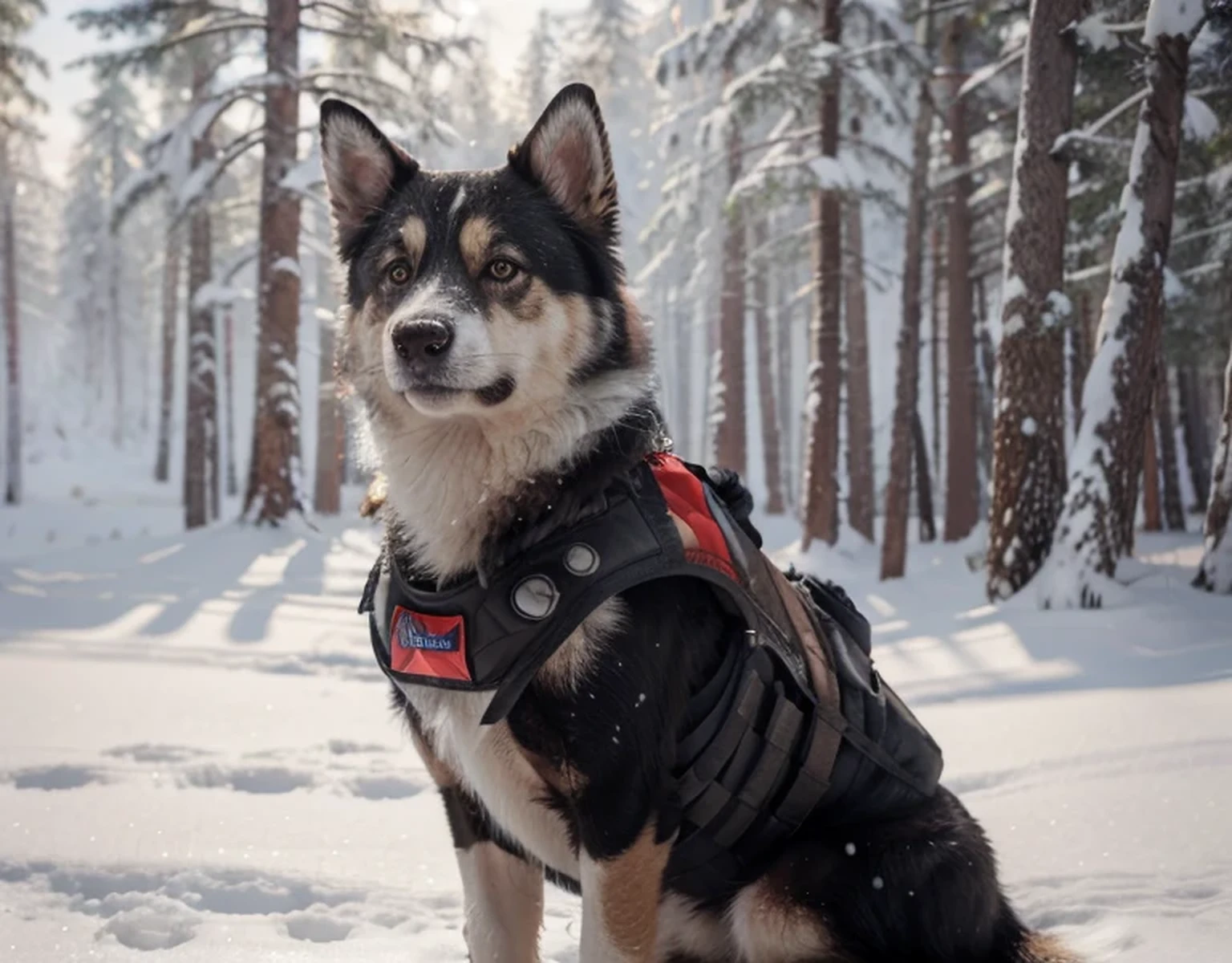 Beautiful Siberian dog, black and white, wearing a brown bulletproof vest with red details, standing outside a Russian military base, snowy forest, realistic, 4k, Ultra detailed image, realistic, Highly detailed, perfect composition, gorgeous, Intricately detailed, incredibly detailed, Art photography 8K, hyper detailed, Masterpiece, Ultra detailed, hyper realistic, 4k, Ultra detailed image, realistic, Highly detailed, perfect composition, beautiful, intricately detailed, incredibly detailed, art photography 8k, hyper detailed, masterpiece