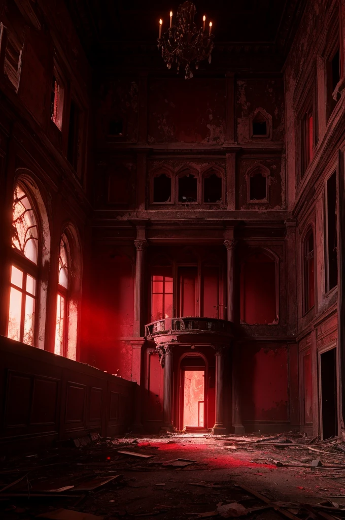 abandoned mansion, surrounded by a dark pine forest, with a red glow coming out from within