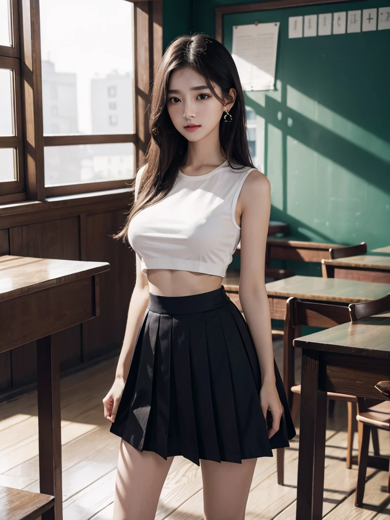 absurdres, RAW photo, extremely delicate and beautiful, masterpiece, Best Quality, ultra high resolution, 32k, hyperrealistic, ultra-detailed, perfect figure, in her 20s, very small head, very small face, delicate facial features, tearful mole, earring, ((very huge breasts)), ((full body shot)), medium hair, black hair, Korean school_uniform, summer school_uniform shirt, skirt, sleeveless, legs,