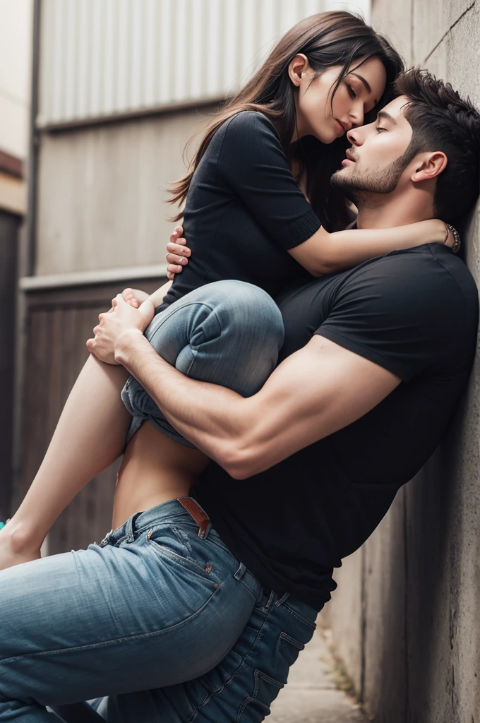 Woman clinging to a man