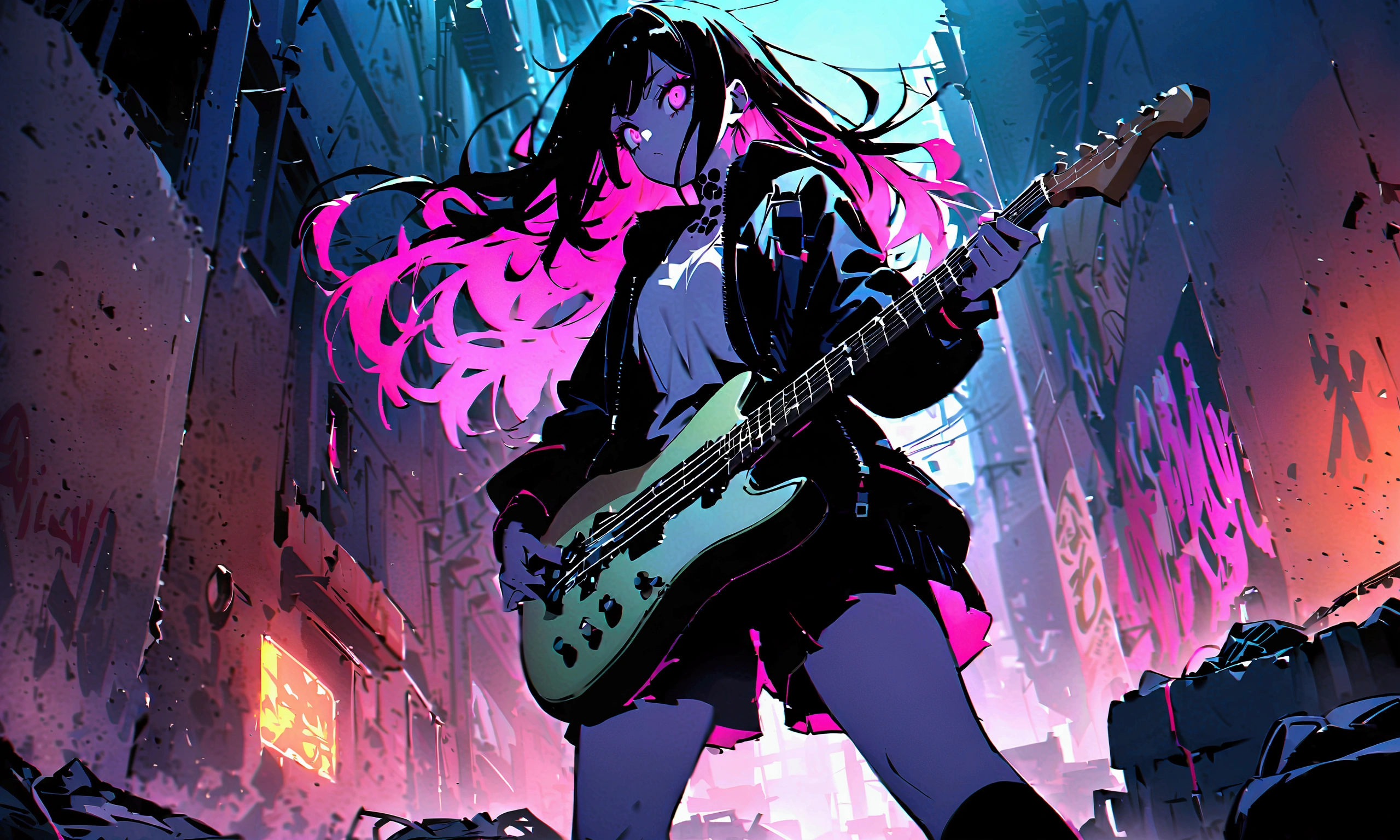 From below、Playing the guitar、Performance、Step Piece, Best Quality, Best Illustration, Ultra-detailed,girl, pinkrose long hair, crazy baddie girl, Cool Black Open Short Jacket, neck tattoo, Messy Fade Cut Hair, Side braided hair,Crazy, standing with an eerie feeling, abandond street graffiti wall background,knee high socks, quirky sneakers, Eyeshadow on the eyes,unusual colored eyes, Eyes of fear, vivid eyes, cool shot