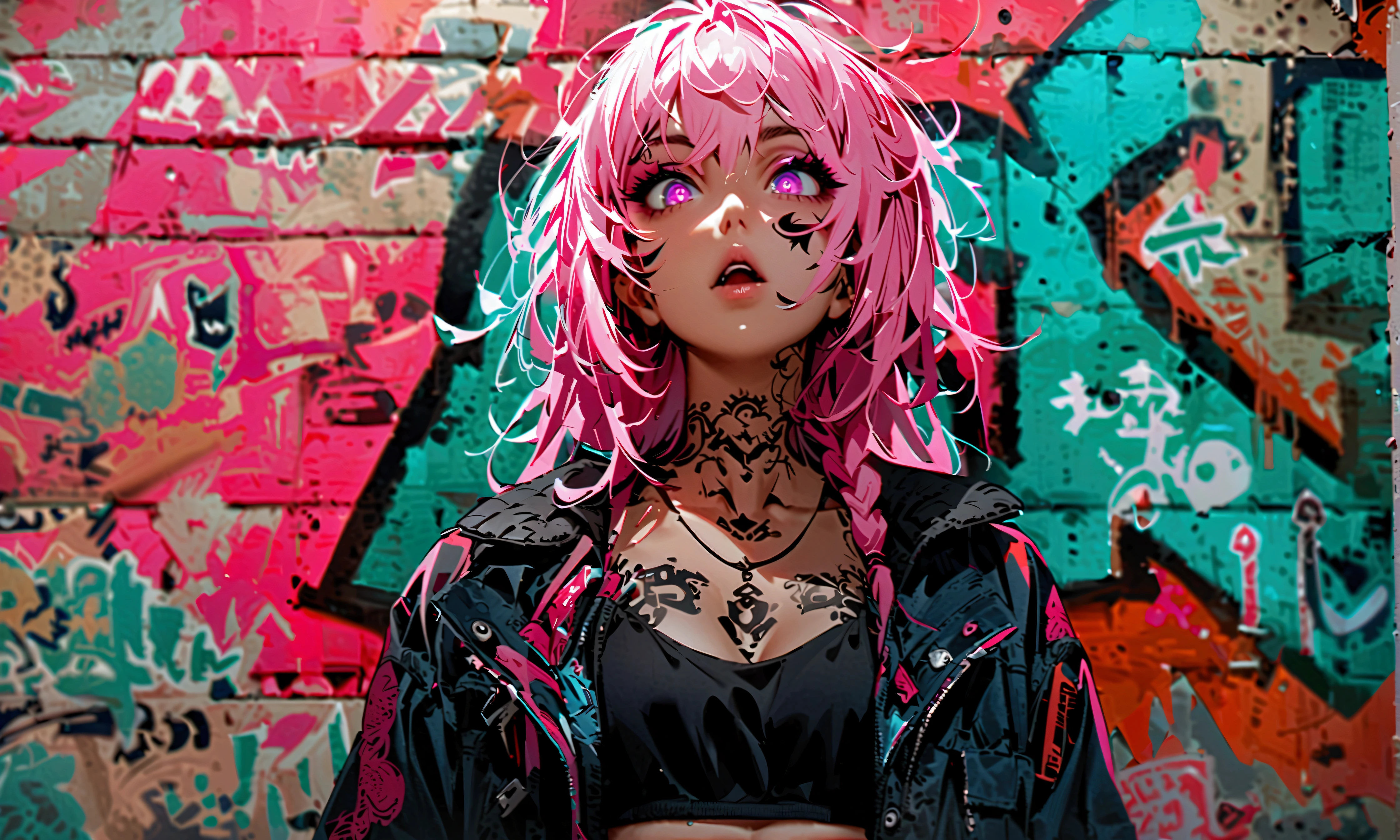 From below、Playing the guitar、Performance、Step Piece, Best Quality, Best Illustration, Ultra-detailed,girl, pinkrose long hair, crazy baddie girl, Cool Black Open Short Jacket, neck tattoo, Messy Fade Cut Hair, Side braided hair,Crazy, standing with an eerie feeling, abandond street graffiti wall background,knee high socks, quirky sneakers, Eyeshadow on the eyes,unusual colored eyes, Eyes of fear, vivid eyes, cool shot