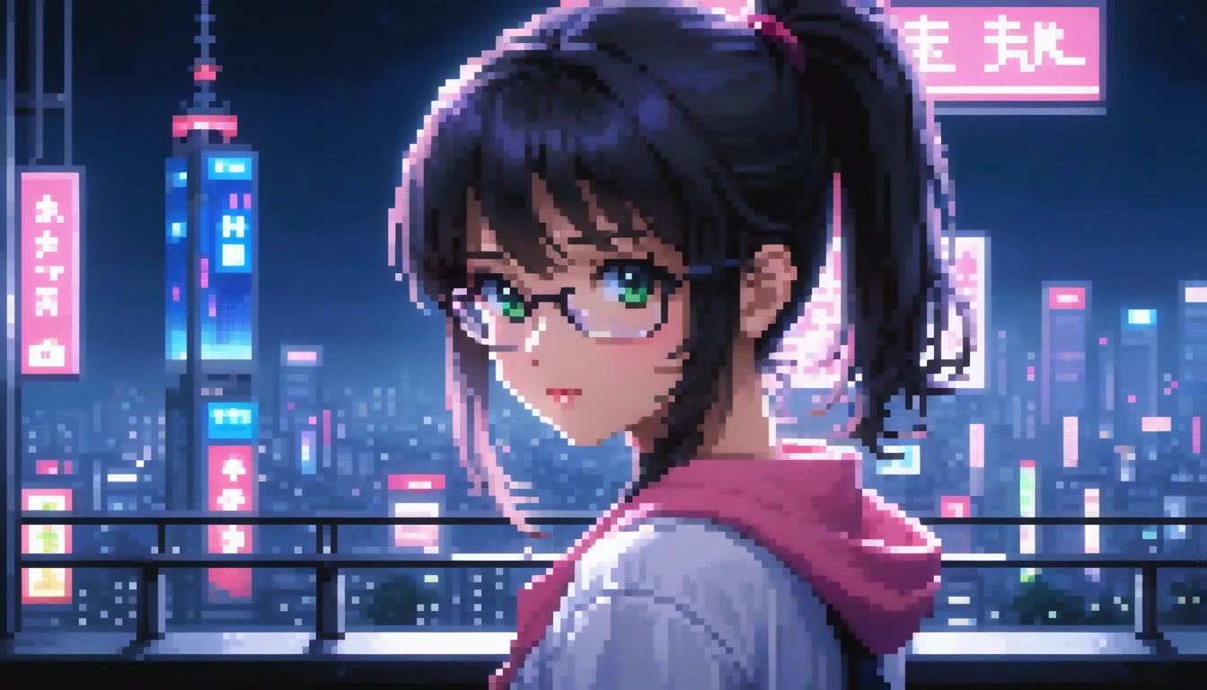 ((best quality)), ((masterpiece)), (detailed), 1girl, sexyhighest quality, masterpiece, Very detailed, Detailed Background, anime, One girl, Young girl, Sexy Girls, Black hair ponytail girl,　 Atmospheric lighting, Focus Only, close　 Depth of written boundary, Bokeh　1990年代anime　１９８０年代anime　１９８０Period Fashion　 　City Pop 　　Big glasses　 Beautiful eyes　B90,W60，H90 White Skin　Pink lighting　Light pink clothes pixel, 16-bit Style, Pixel art, Nintendo game scene, Cool colors, green,Tokyo at night in the background, Skyscraper, Skyline, Modern, Colorful lights, Tokyo Night, dark, A girl in the foreground, whole body,greenい瞳　I&#39;m wearing headphones