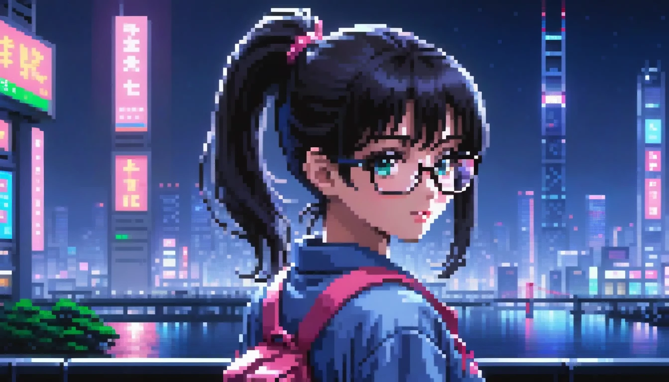 ((best quality)), ((masterpiece)), (detailed), 1girl, sexyhighest quality, masterpiece, Very detailed, Detailed Background, anime, One girl, Young girl, Sexy Girls, Black hair ponytail girl,　 Atmospheric lighting, Focus Only, close　 Depth of written boundary, Bokeh　1990年代anime　１９８０年代anime　１９８０Period Fashion　 　City Pop 　　Big glasses　 Beautiful eyes　B90,W60，H90 White Skin　Pink lighting　Light pink clothes pixel, 16-bit Style, Pixel art, Nintendo game scene, Cool colors, green,Tokyo at night in the background, Skyscraper, Skyline, Modern, Colorful lights, Tokyo Night, dark, A girl in the foreground, whole body,greenい瞳　I&#39;m wearing headphones