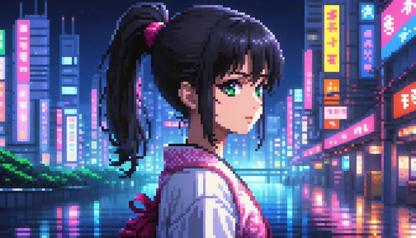 ((best quality)), ((masterpiece)), (detailed), 1girl, sexyhighest quality, masterpiece, Very detailed, Detailed Background, anime, One girl, Young girl, Sexy Girls, Black hair ponytail girl,　 Atmospheric lighting, Focus Only, close　 Depth of written boundary, Bokeh　1990年代anime　１９８０年代anime　１９８０Period Fashion　 　City Pop 　　Big glasses　 Beautiful eyes　B90,W60，H90 White Skin　Pink lighting　Light pink clothes pixel, 16-bit Style, Pixel art, Nintendo game scene, Cool colors, green,Tokyo at night in the background, Skyscraper, Skyline, Modern, Colorful lights, Tokyo Night, dark, A girl in the foreground, whole body,greenい瞳　I&#39;m wearing headphones