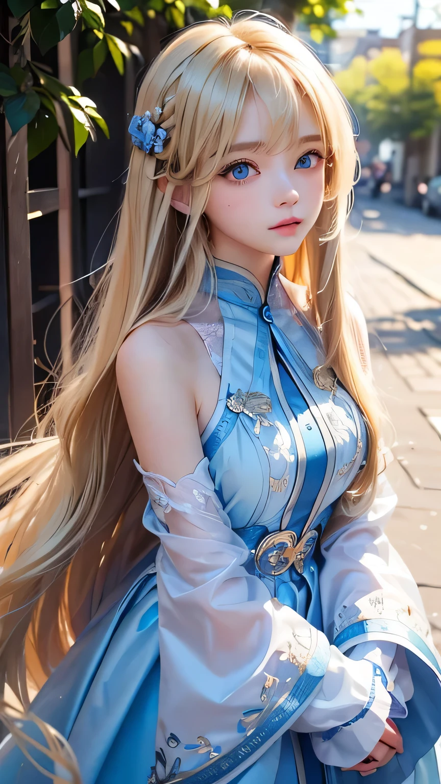 Very beautiful face、A beautiful girl、Super Long Hair、windy silky blonde super long hair、Swinging bangs、Cute sexy blonde girl with light blue eyes、Hair above the eyes、片Hair above the eyes、Hair between the eyes、Big bright light blue eyes that shine so beautifully、eyeliner、Bright expression、