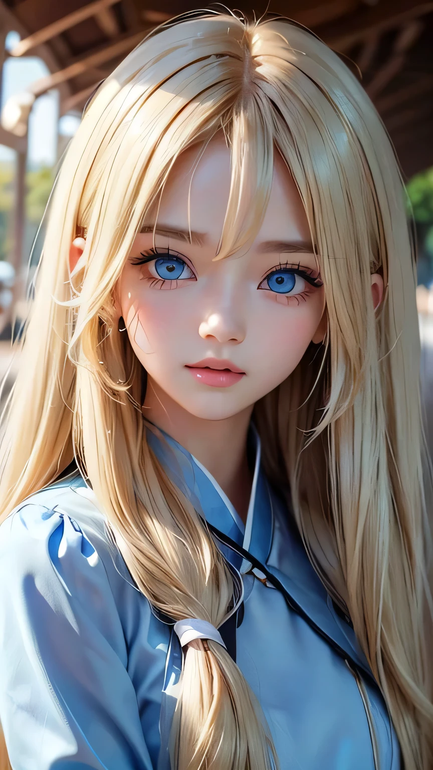 Very beautiful face、A beautiful girl、Super Long Hair、windy silky blonde super long hair、Swinging bangs、Cute sexy 16 year old blonde girl with light blue eyes、Hair above the eyes、片Hair above the eyes、Hair between the eyes、Big bright light blue eyes that shine so beautifully、eyeliner、Bright expression、
