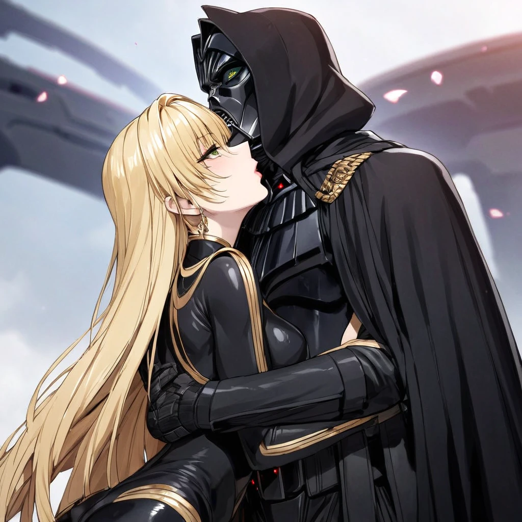 ((Highest quality)), ((masterpiece)), (detailed), （Perfect Face）、The woman is a tiare with green eyes and medium-long blonde hair. She is wearing a shiny catsuit with luxurious gold embroidery and trim, shiny black boots, and a black cloak.、The woman pledges her loyalty to Emperor Palpatine, and they embrace, love, and kiss.、The woman is standing close to the Emperor, and the dignified old Emperor Palpatine is holding her close, kissing her and loving her.、The man is Darth Sidious, Emperor Palpatine, Dark Lord of the Sith, a wrinkled, dignified, ugly old man wearing a black hooded robe, embracing, kissing and fondling a woman.