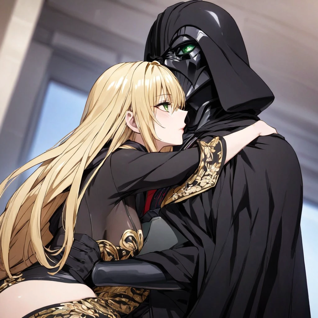 ((Highest quality)), ((masterpiece)), (detailed), （Perfect Face）、The woman is a tiare with green eyes and medium-long blonde hair. She is wearing a shiny catsuit with luxurious gold embroidery and trim, shiny black boots, and a black cloak.、The woman pledges her loyalty to Emperor Palpatine, and they embrace, love, and kiss.、The woman is standing close to the Emperor, and the dignified old Emperor Palpatine is holding her close, kissing her and loving her.、The man is Darth Sidious, Emperor Palpatine, Dark Lord of the Sith, a wrinkled, dignified, ugly old man wearing a black hooded robe, embracing, kissing and fondling a woman.