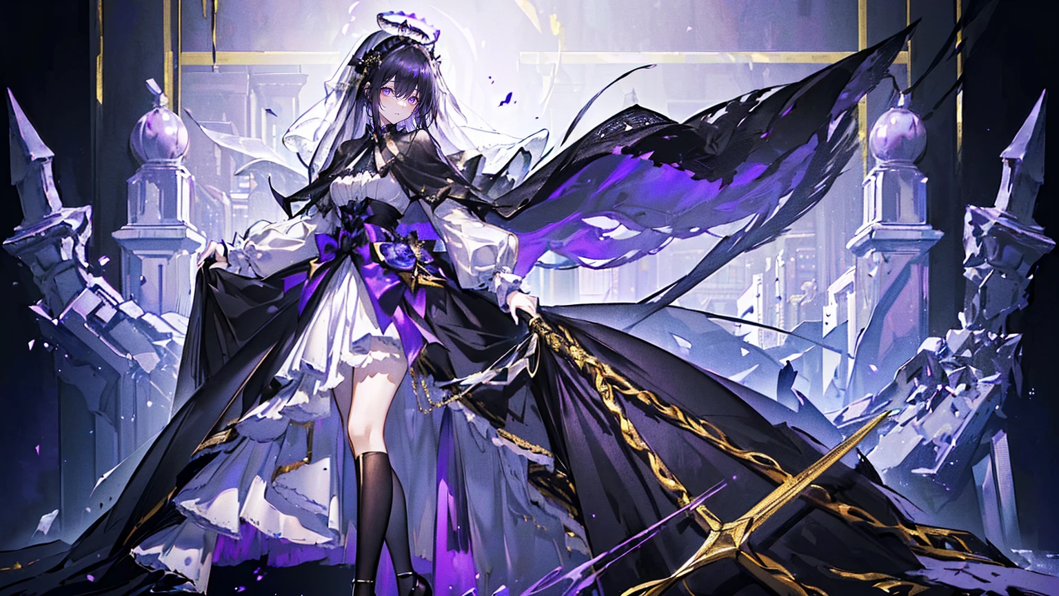 (Super detailed)),((illustration)),((masterpiece)),(((need))),((fine、Highest quality CG Unity 8K wallpapers,masterpiece),((4K,masterpiece,best quality)),Black hair queen,Waist-length hair,Royal sister,Sexy,Tall figure,Lilac eyes,Standing upright in a coffin,Mature,Hair Bunch,Hair tied on both sides,Black and gold gauze robe,Black and purple French vintage clothing,Gorgeous pure black cape,Black veil,Purple-white halo,Black and purple high heels,Wearing a crown on the head,Holding a knight's sword,pyramid,Emitting dim purple light,Brilliant palace,The deep sea is filled with coffins,Mysterious symbols,individual,Full body picture