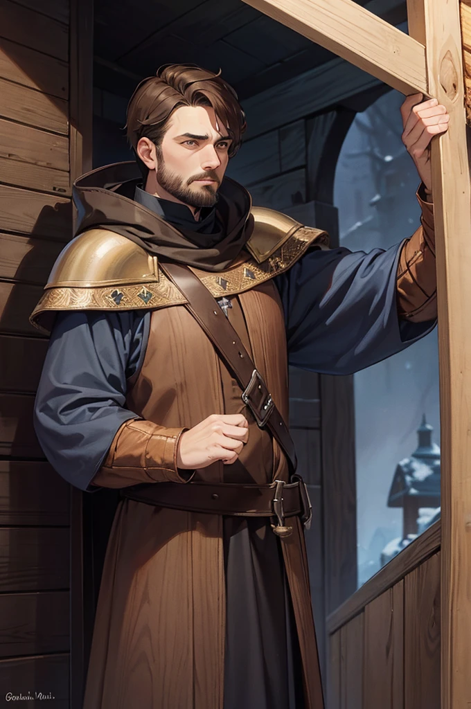 Religious adult man with brown hair, in dark blue medieval winter clothes and holding a wooden shield
