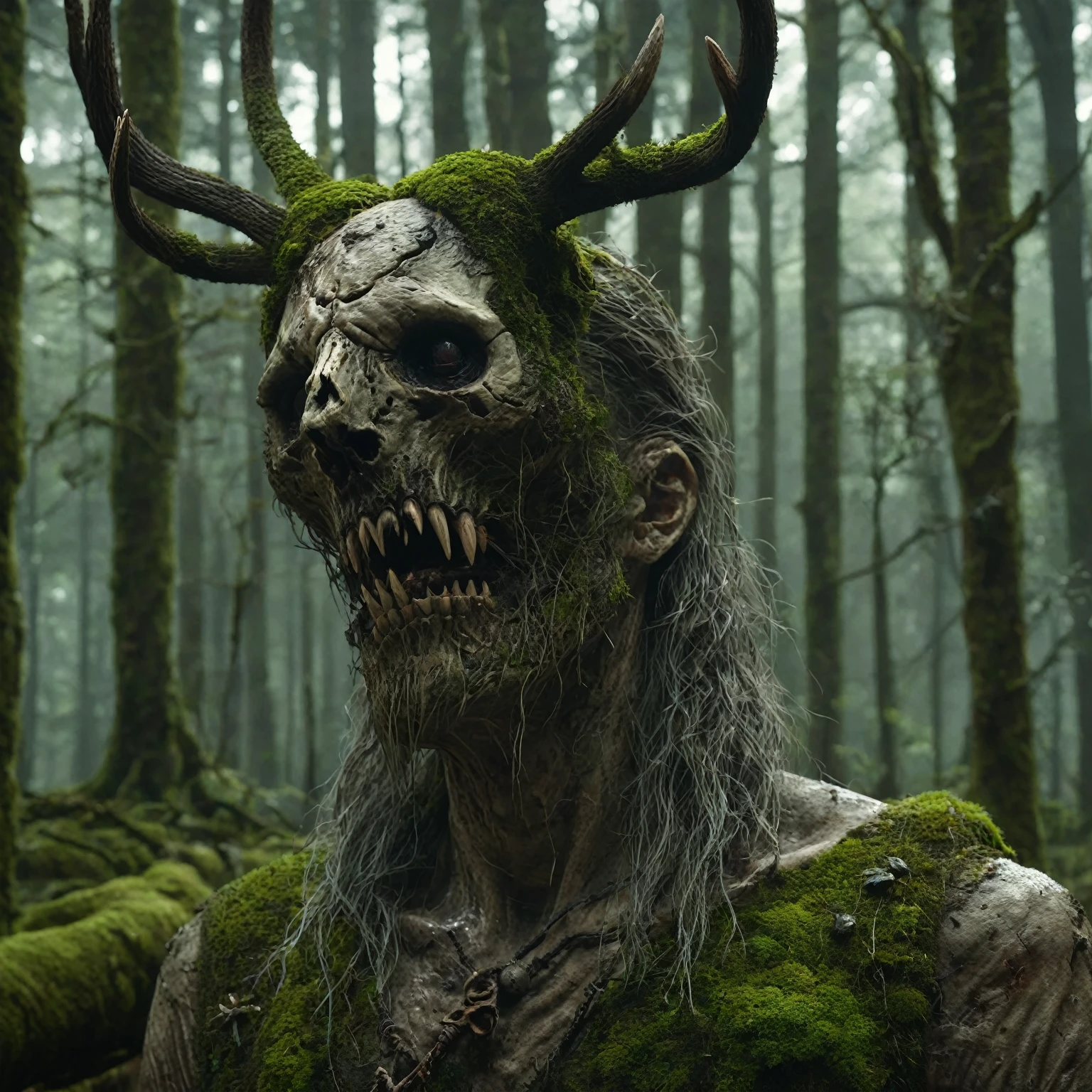 whole body portrait of scary monster made of wood, Leshen, Use a deer skull as a face, Moss, Clothing made from human skin, Wolves as pets, Dark and mysterious forest landscape , Fantasy, dark Fantasy , Medieval, whole body , Cinematic, give , 8K, Unreal Engine, Realistic, masterpiece, High detail, whole body , sf, Low lifespan, Volumetric lighting